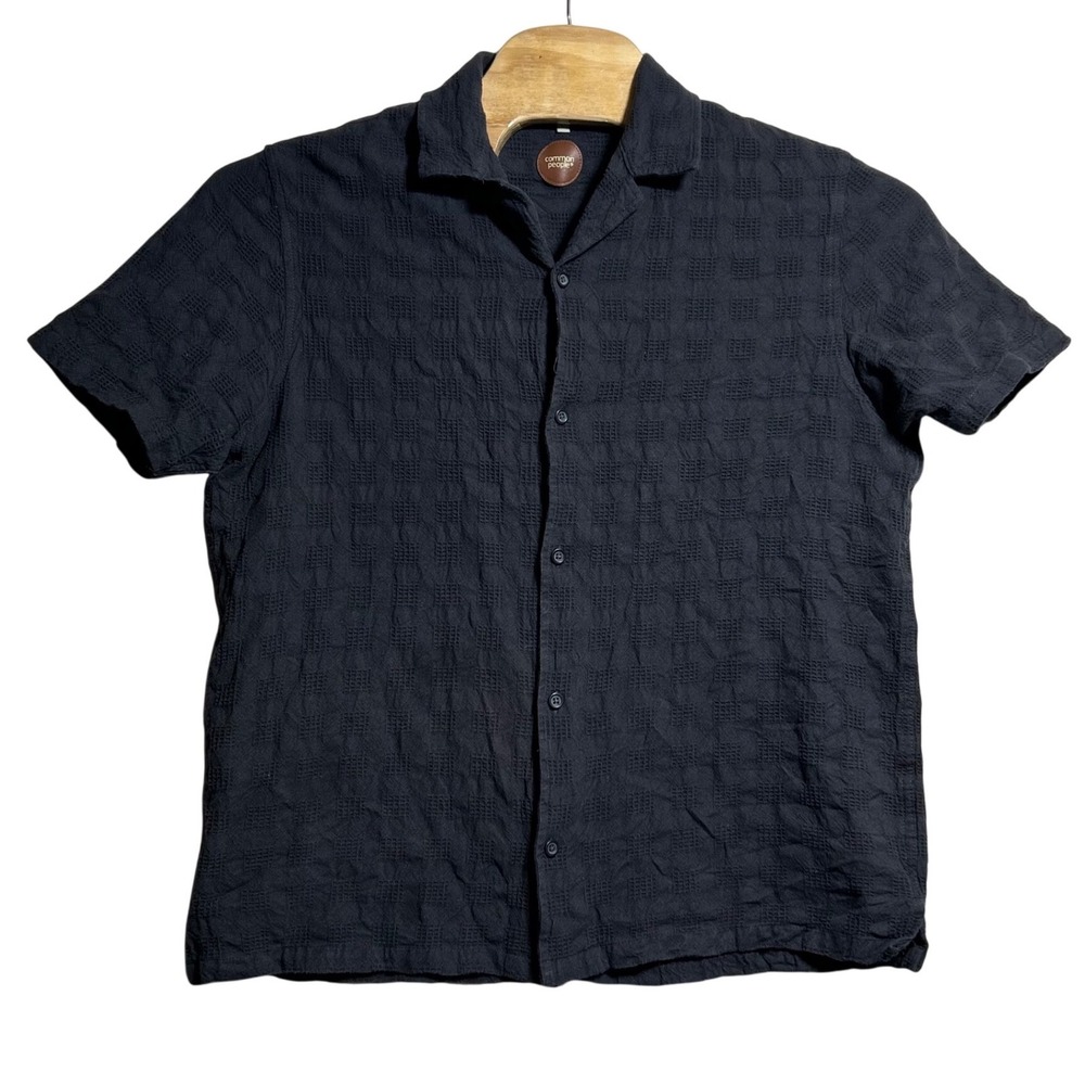 Common People Mens Black Textured‎ Waffle Cotton Short Sleeve Camp Shirt Large